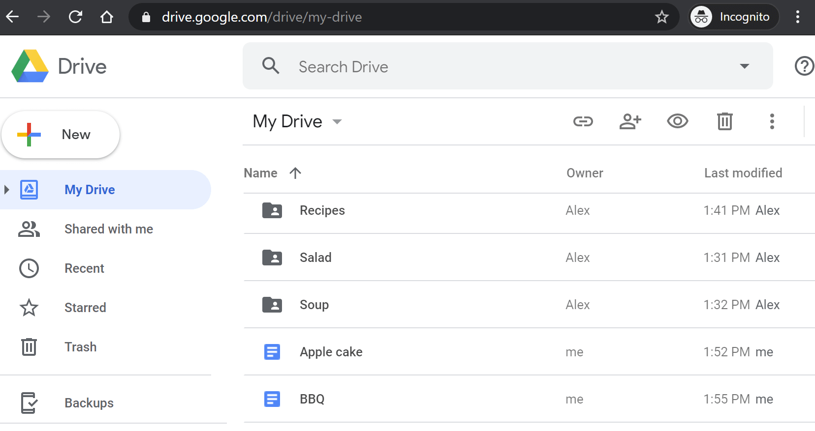 Image represents a Google Drive interface displayed in an Incognito browser window.  The top displays the URL `drive.google.com/drive/my-drive` within the address bar, along with standard browser controls.  Below, the Google Drive logo and title are shown, followed by a 'New' button with a plus icon. A left-hand navigation pane lists options: 'My Drive' (selected), 'Shared with me,' 'Recent,' 'Starred,' 'Trash,' and 'Backups,' each accompanied by a relevant icon. The main area displays a list of files and folders within 'My Drive,' sorted by name in ascending order (indicated by an upward-pointing arrow). Each entry shows the file/folder name (e.g., 'Recipes,' 'Salad,' 'Apple cake'), the owner ('Alex' or 'me'), and the last modified timestamp (e.g., '1:41 PM Alex').  File types are visually distinguished by icons: folders are represented by folder icons with a person icon inside, while documents are represented by a list icon.  At the top right of the main area, icons for sharing, adding collaborators, viewing, deleting, and more options are present.  The browser's Incognito mode is indicated in the top right corner.