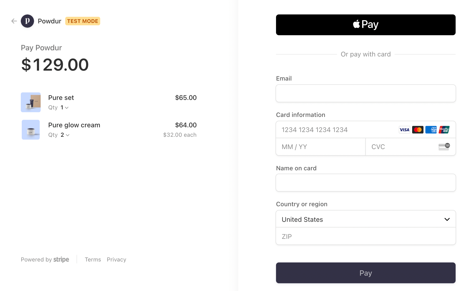 Image represents a web page displaying an online checkout process for a purchase from a store named 'Powdur'.  The left side shows the order summary, listing 'Pure set' (quantity 1, $65.00) and 'Pure glow cream' (quantity 2, $32.00 each, totaling $64.00). The total amount due is $129.00.  The bottom left corner displays 'Powered by Stripe,' indicating the payment processing service used.  'Terms' and 'Privacy' links are also present. The right side contains the payment information section.  It offers two payment options: Apple Pay (a button labeled 'Pay' with the Apple Pay logo) and payment by card.  The card payment option requires entering the email address, card number (partially shown as '1234 1234 1234 1234'), expiry date (MM/YY), CVC code, name on the card, country/region (with 'United States' selected), and ZIP code.  Various card logos (Visa, Mastercard, American Express, Discover, and UnionPay) are displayed, indicating accepted card types.  Two 'Pay' buttons are present, one for Apple Pay and another for card payments.  The top left corner shows a back arrow and the 'Powdur' logo, along with a 'TEST MODE' indicator.  No explicit data flow is visually represented, but the implied flow is that the order summary data is sent to the payment gateway (Stripe) upon clicking either 'Pay' button, along with the payment information entered by the user.