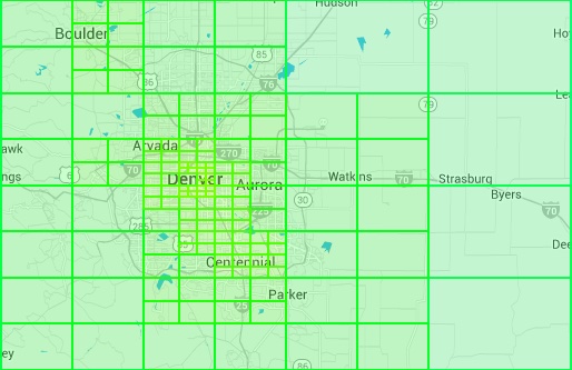 Image represents a geographical map, likely of the Denver, Colorado area, overlaid with a grid of large, bright green rectangular cells.  The cells form a coarse-grained partition of the map, covering a wide region encompassing cities such as Boulder, Arvada, Denver, Aurora, Centennial, Parker, Watkins, Strasburg, and Byers.  Major highways (indicated by numbers like 70, 25, 270, etc.) and smaller roads are visible within the cells, along with bodies of water depicted in light blue.  City names are labeled, providing geographical context. The grid's purpose appears to be a spatial partitioning scheme, possibly for data sharding, load balancing, or geographic data organization in a system design context.  The size and arrangement of the cells suggest a deliberate, possibly hierarchical, division of the area, with a finer-grained grid apparent in the Denver/Aurora area, indicating potentially higher data density or processing needs in that region.